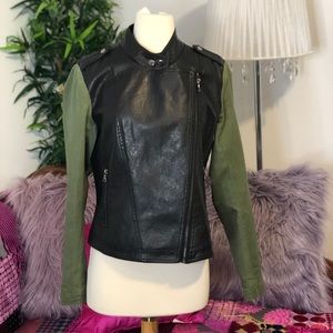 Black Faux Leather and Olive Green Motto Jacket